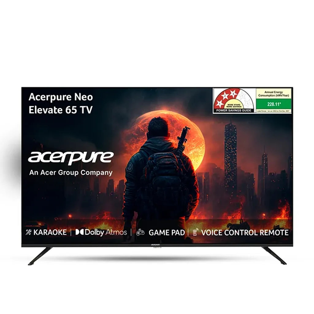Acerpure AP65UG75PELN5 65 inch QLED Smart TV front view with Karaoke, Dolby Atmos and Game Pad features -tpstech.in