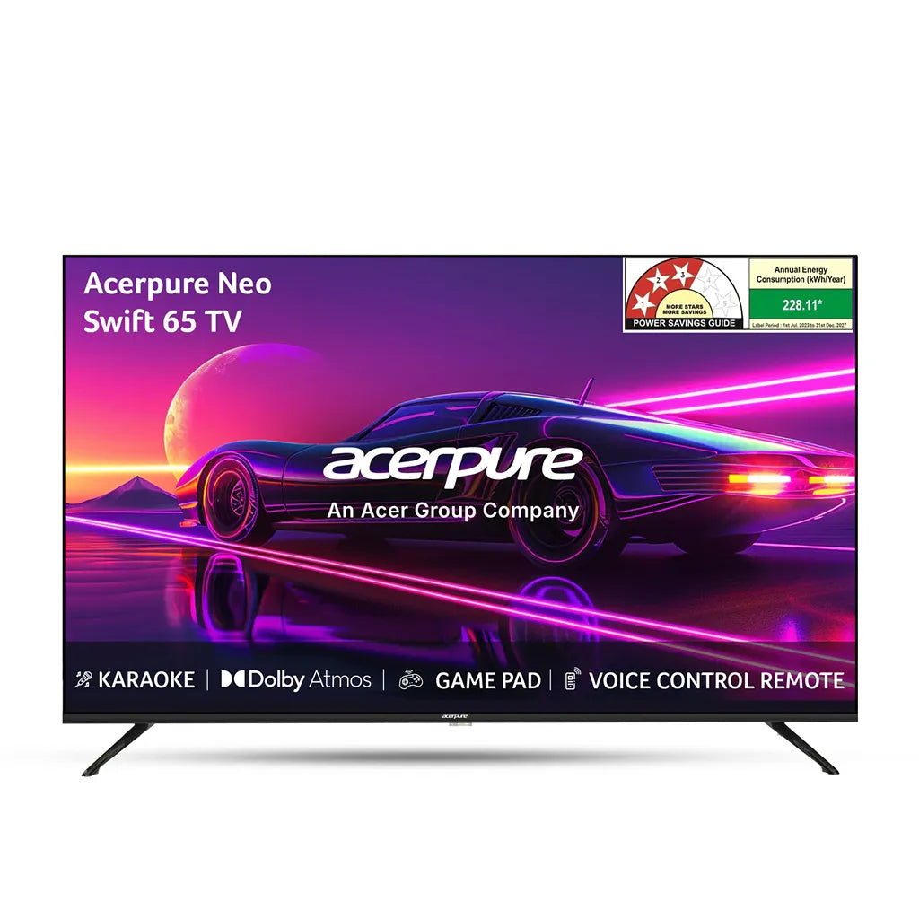 Acerpure AP65UG75PSFN5 65 inch 4K Smart TV front view with karaoke, Dolby Atmos and voice control remote -tpstech.in