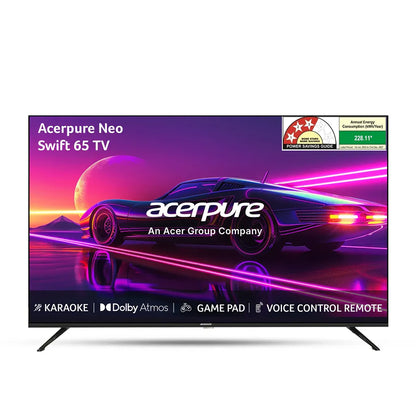 Acerpure AP65UG75PSFN5 65 inch 4K Smart TV front view with karaoke, Dolby Atmos and voice control remote -tpstech.in