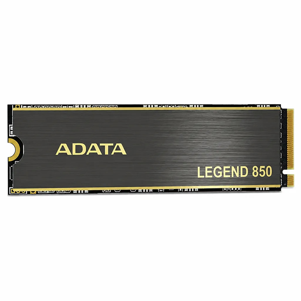 ADATA Legend 850 512GB PCIe Gen4 NVMe M.2 2280 Internal Gaming SSD front view with black heatsink and gold branding on white background.