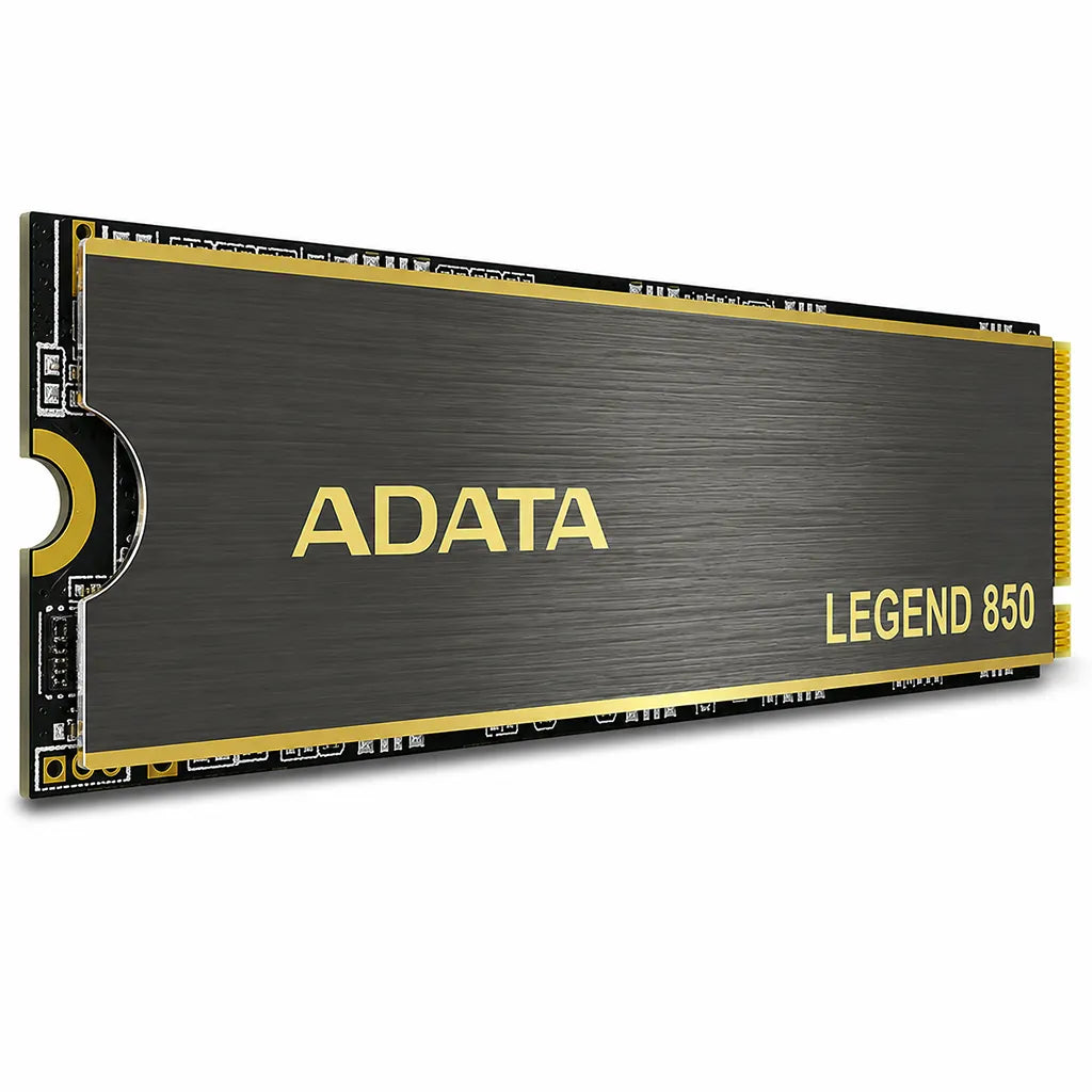 ADATA Legend 850 512GB PCIe Gen4 NVMe M.2 2280 Internal Gaming SSD left angle view showcasing slim M.2 design and integrated heatsink.