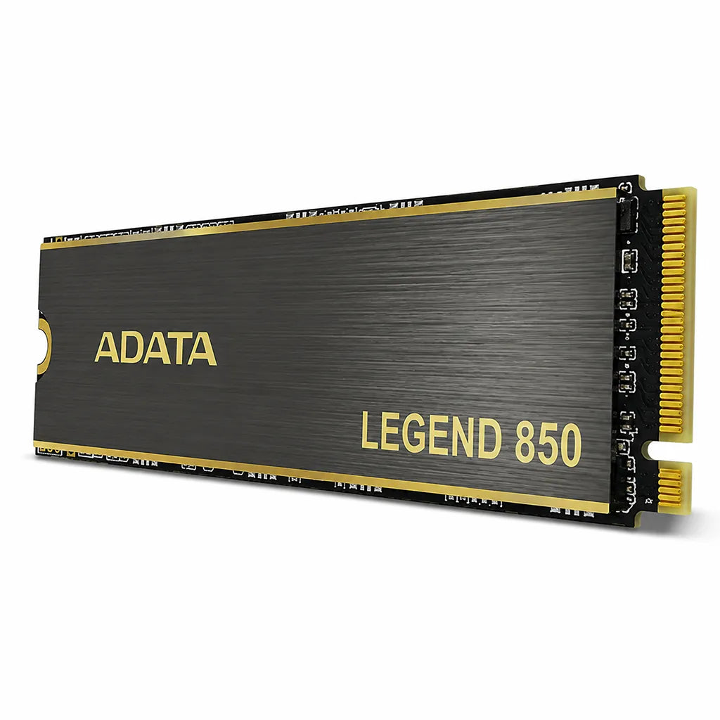 ADATA Legend 850 512GB PCIe Gen4 NVMe M.2 2280 Internal Gaming SSD right angle view displaying high-speed NVMe SSD with premium black and gold heatsink.