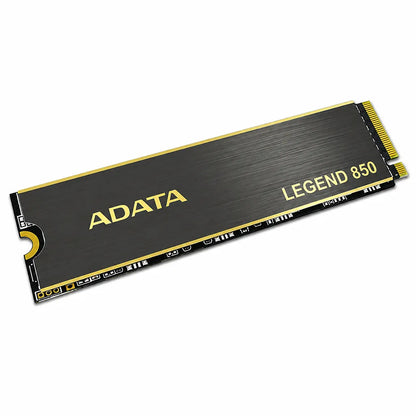ADATA Legend 850 512GB PCIe Gen4 NVMe M.2 2280 Internal Gaming SSD top angle view featuring premium black heatsink and PCIe Gen4 interface.