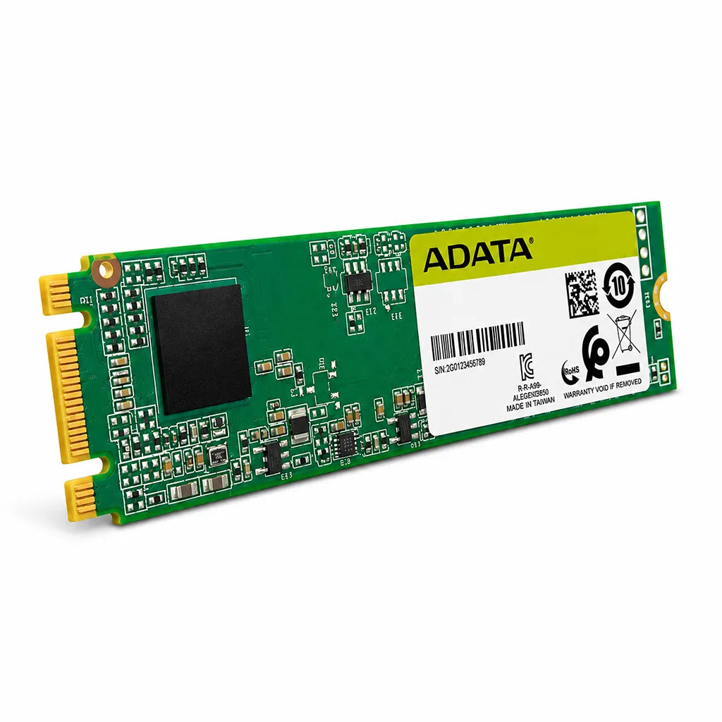 Left angle view of Adata Ultimate SU660 512GB Internal 3D NAND M.2 SATA SSD featuring the 3D NAND PCB layout and SATA M.2 connector.
