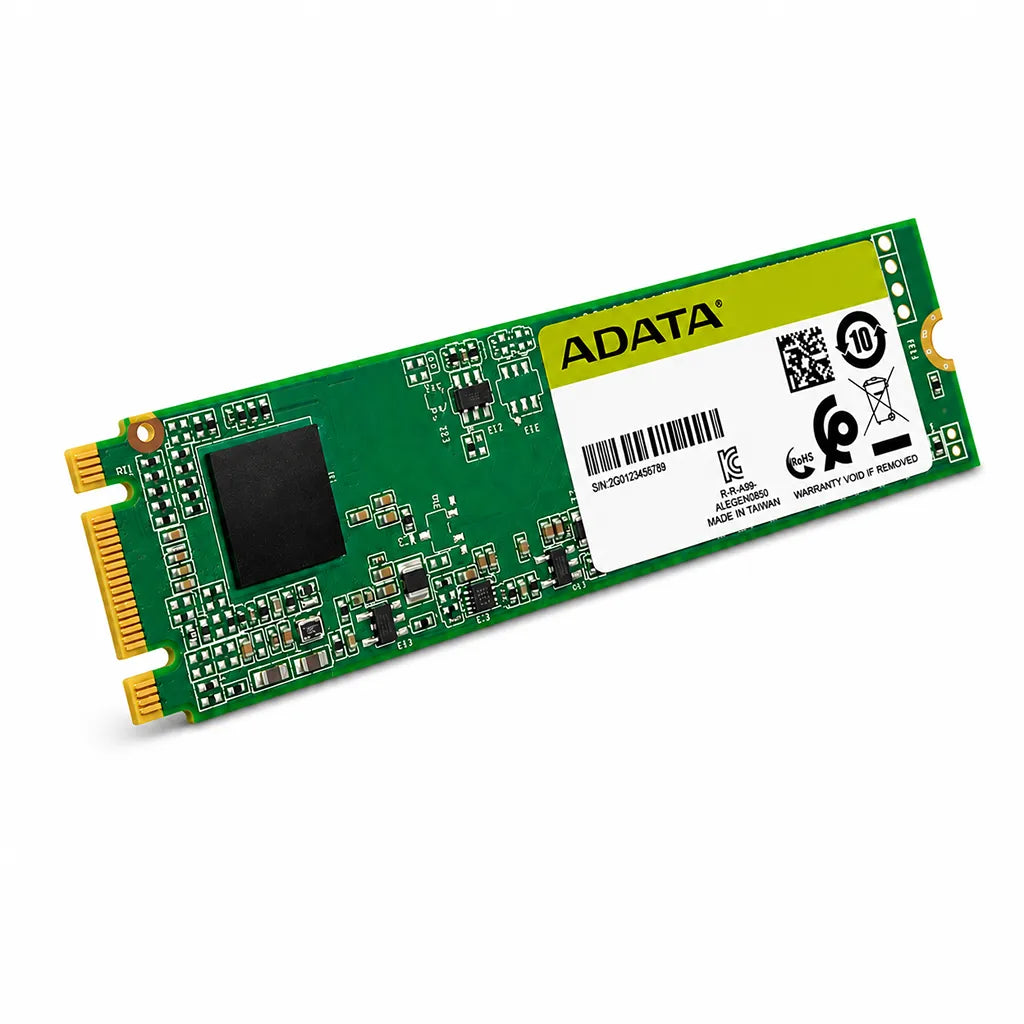 Top left angle view of Adata Ultimate SU660 512GB Internal 3D NAND M.2 SATA SSD highlighting the green PCB, controller chip, and product branding.