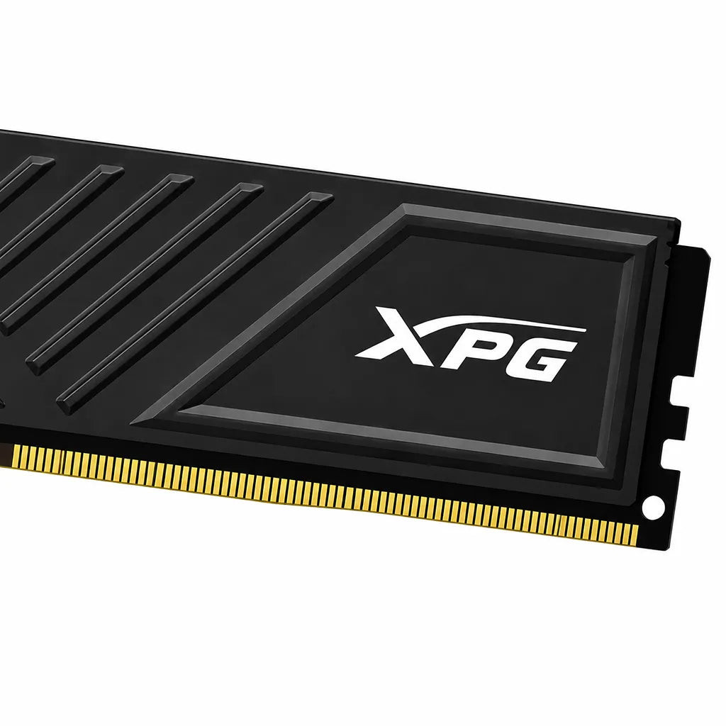 Close-up of ADATA XPG GAMMIX D35 DDR4 16GB 3200MHz desktop RAM showing the XPG logo, heatsink texture, and gold connector pins.