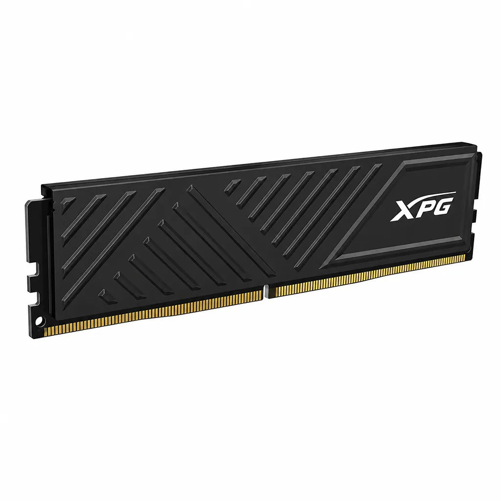 Left angle view of ADATA XPG GAMMIX D35 DDR4 16GB (1x16GB) 3200MHz desktop RAM with high-performance black heatsink on white background.