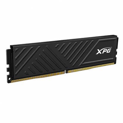 Left angle view of ADATA XPG GAMMIX D35 DDR4 16GB (1x16GB) 3200MHz desktop RAM with high-performance black heatsink on white background.