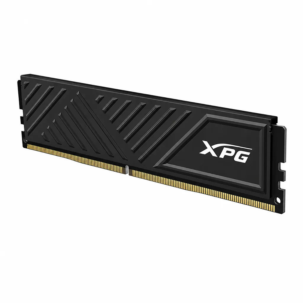 Top right angle view of ADATA XPG GAMMIX D35 DDR4 16GB (1x16GB) 3200MHz desktop memory with sleek black heatsinks.