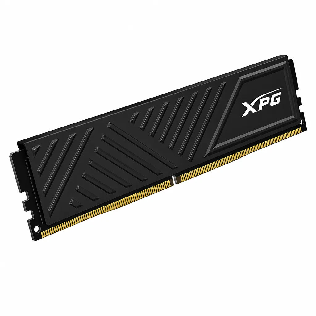 Top left angle view of ADATA XPG GAMMIX D35 DDR4 16GB 3200MHz desktop RAM featuring a modern black heat spreader.