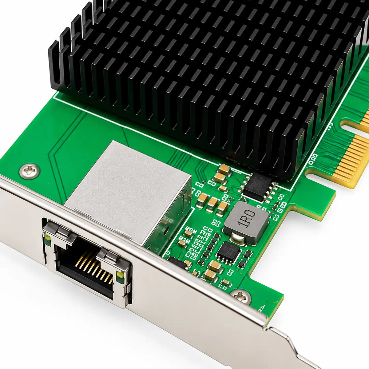 Aditron AI-LA1001 T1 PCIe x4 10G Network Adapter Heatsink and RJ45 Port Close Up -tpstech.in