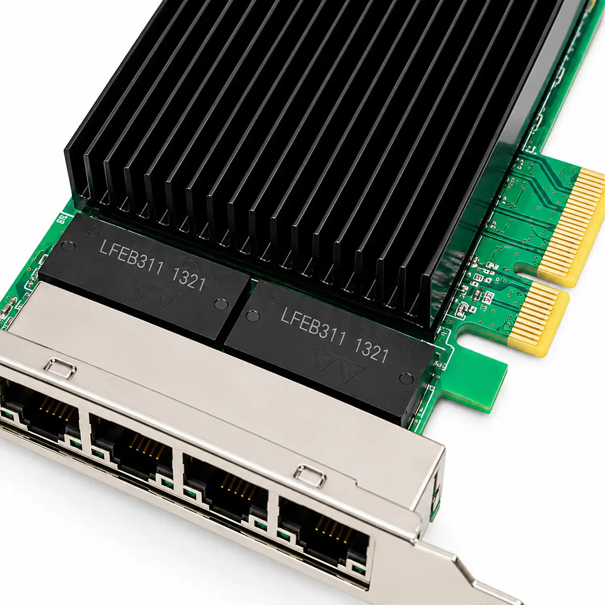 Aditron AI-LI 253 T4 Intel I226 Quad Port 2.5G Ethernet Server NIC Heatsink and PCIe Pins Close Up -tpstech.in