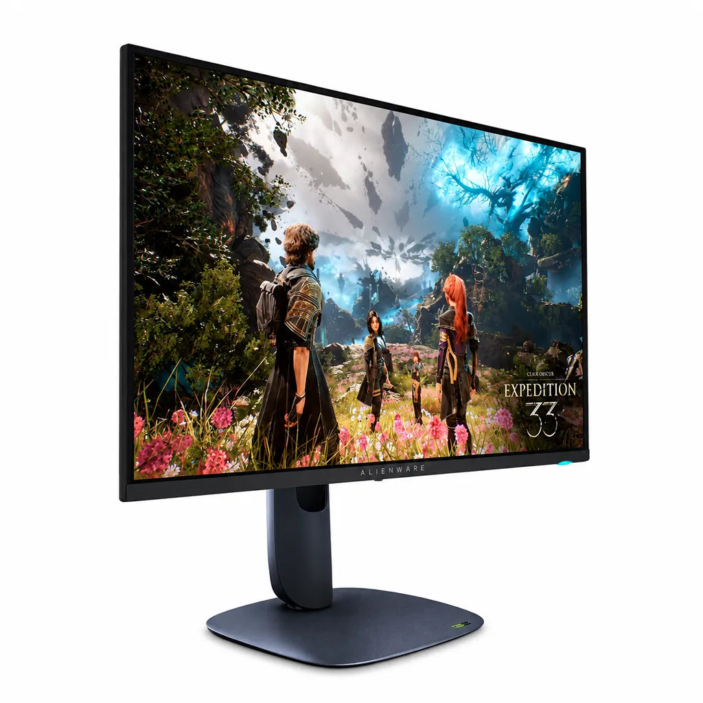 Alienware AW2725Q 27 Inch 4K QD-OLED Gaming Monitor 240Hz front right angled perspective on sturdy desktop stand -tpstech.in