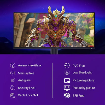 Alienware AW3426DWM 34-Inch 240Hz Ultrawide Curved Gaming Monitor showing low blue light, anti-glare, and security features -tpstech.in