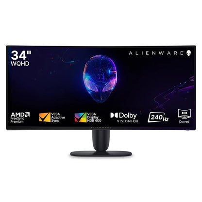 Alienware AW3426DWM 34-Inch 240Hz Ultrawide Curved Gaming Monitor front display showing AMD FreeSync and Dolby Vision features -tpstech.in