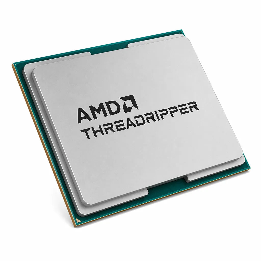 Opposite angle view of AMD Ryzen Threadripper 9960X 24-Core 48-Thread 5.3GHz Workstation Processor (TRAY) isolated on white background.
