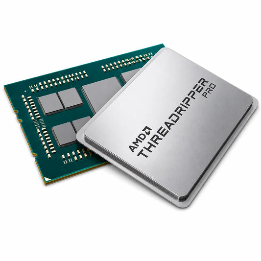 AMD Ryzen Threadripper 9970X workstation processor tray showing exposed PCB, chiplets and silver heat spreader on white background.