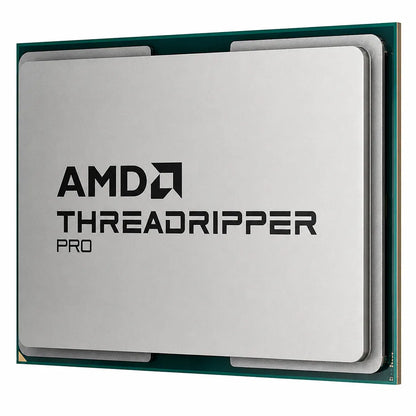 Front perspective view of AMD Ryzen Threadripper 9970X 32 Core 64 Thread workstation processor tray with high-resolution silver CPU package.