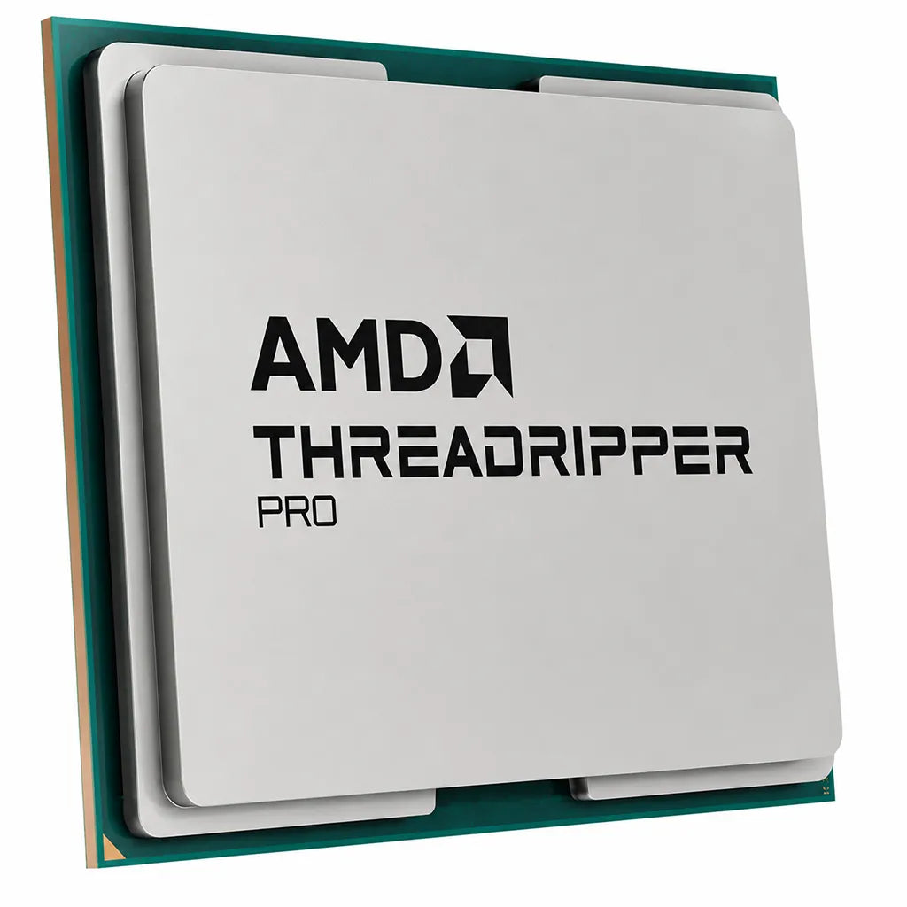 Top left angle view of AMD Ryzen Threadripper 9970X 32 Core 64 Thread workstation processor tray with premium metal heat spreader.