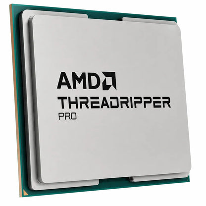 Top left angle view of AMD Ryzen Threadripper 9970X 32 Core 64 Thread workstation processor tray with premium metal heat spreader.