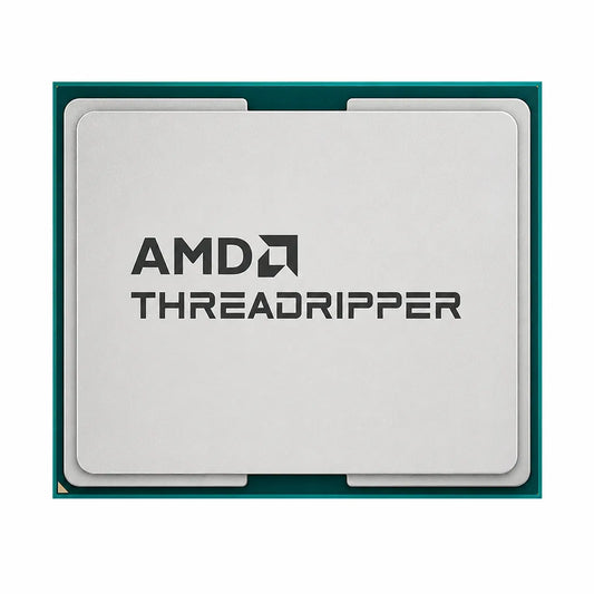 Front view of AMD Ryzen Threadripper 9980X 64-Core 128-Thread desktop processor OEM tray isolated on a white background for workstation and enthusiast PC builds.