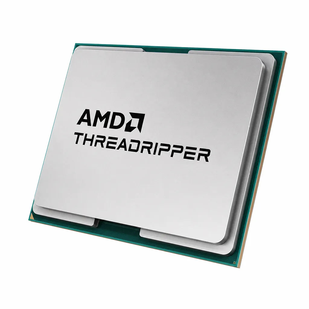Opposite angle view of AMD Ryzen Threadripper 9980X 64-Core 128-Thread desktop processor OEM tray featuring a metallic heat spreader on white background.