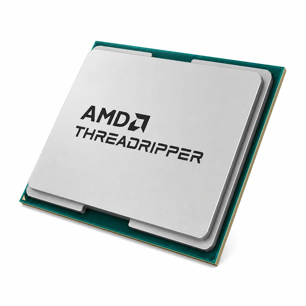Top left angle view of AMD Ryzen Threadripper 9980X 64-Core 128-Thread desktop processor OEM tray isolated on a white background.