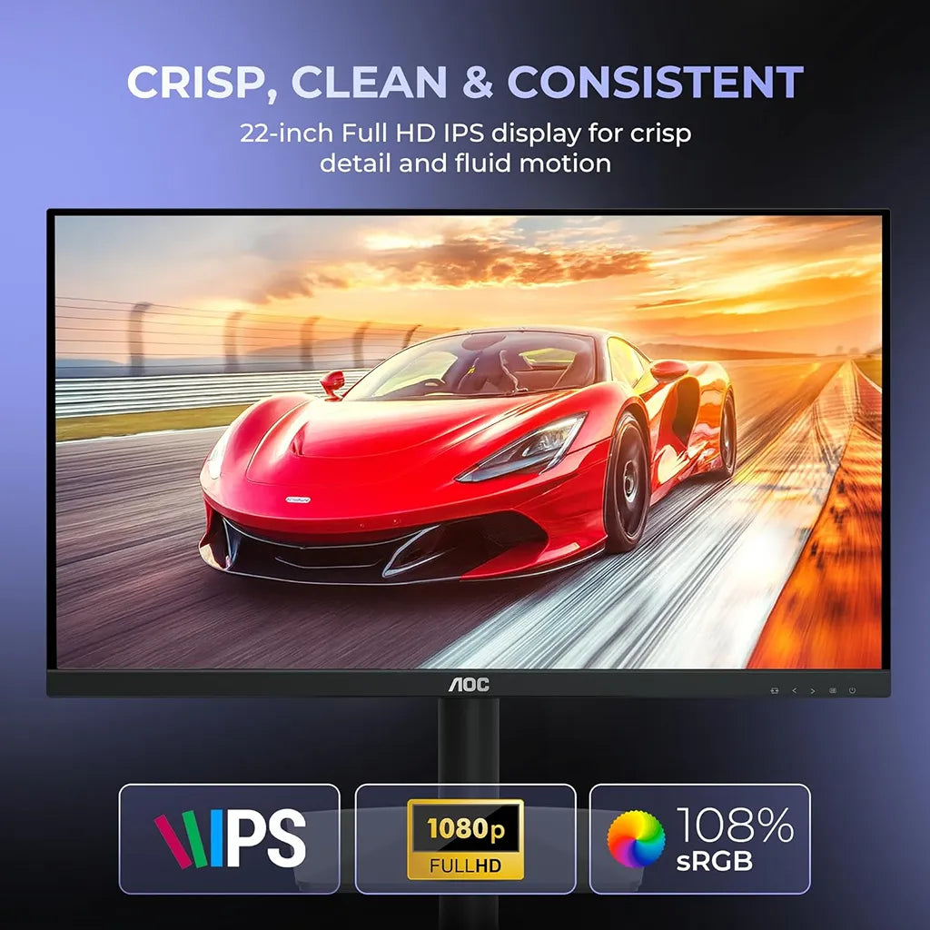 AOC 22B15H2 IPS monitor with 1920 x 1080 Full HD resolution and 108% sRGB color coverage for detailed visuals -tpstech.in