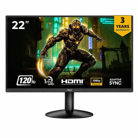 Front view of AOC 22B30HM2 Full HD monitor highlighting 120Hz refresh rate, 1ms MPRT, Adaptive Sync and HDMI connectivity -tpstech.in