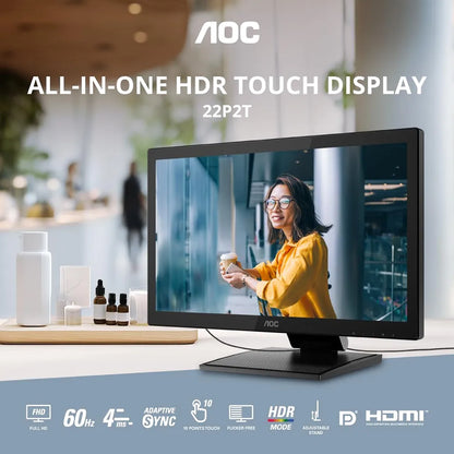 AOC 22P2T 21.5 inch FHD HDR touch monitor shown in an everyday workspace with adjustable stand -tpstech.in