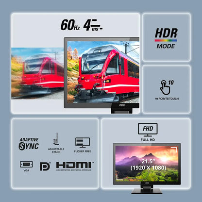 AOC 22P2T 21.5 inch FHD touch monitor with 60Hz refresh rate, 4ms response time, HDR Mode and Adaptive Sync -tpstech.in