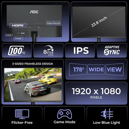 AOC 24B15H3 monitor showing HDMI and VGA ports, VESA mount, 100Hz refresh rate and 3-sided frameless design -tpstech.in