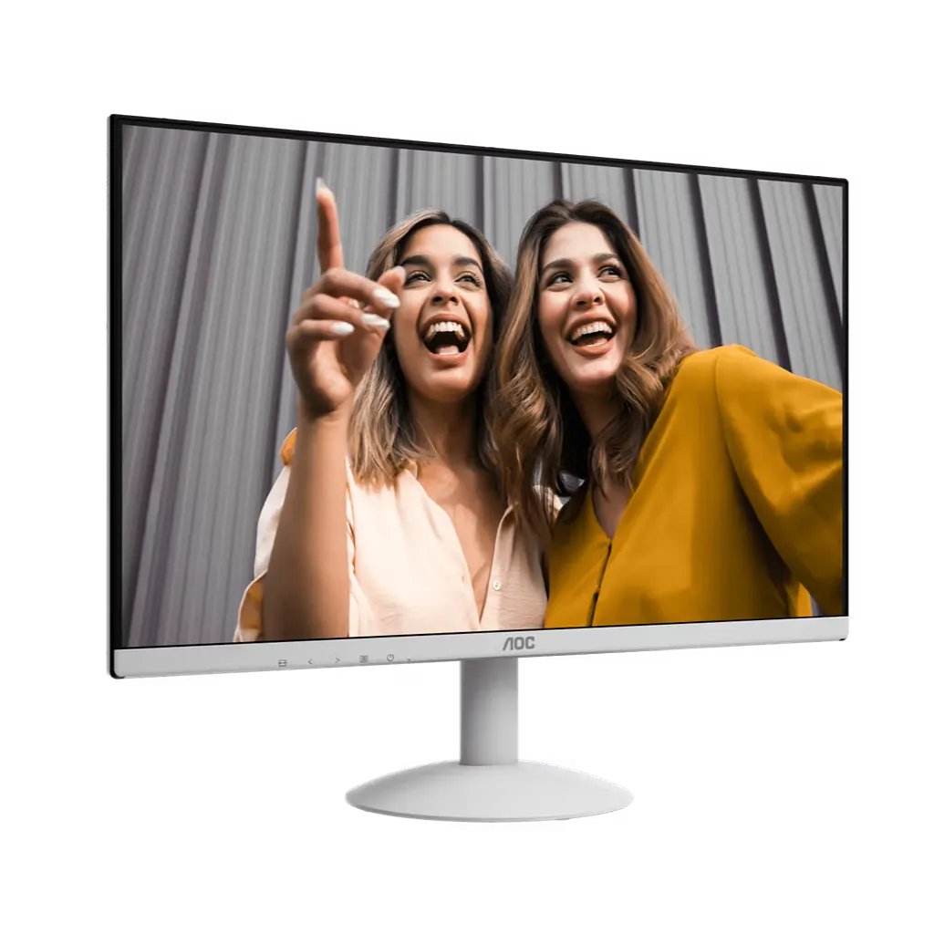 AOC 24B30H2/BW 23.8 inch Full HD monitor front angled view with white stand and IPS display -tpstech.in