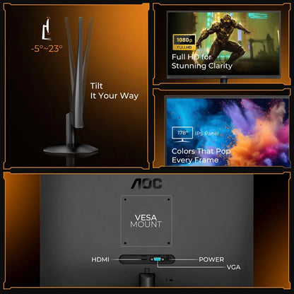 AOC 24B30H2 monitor showing VESA mount, HDMI and VGA ports with -5 to 23 degree tilt adjustment -tpstech.in