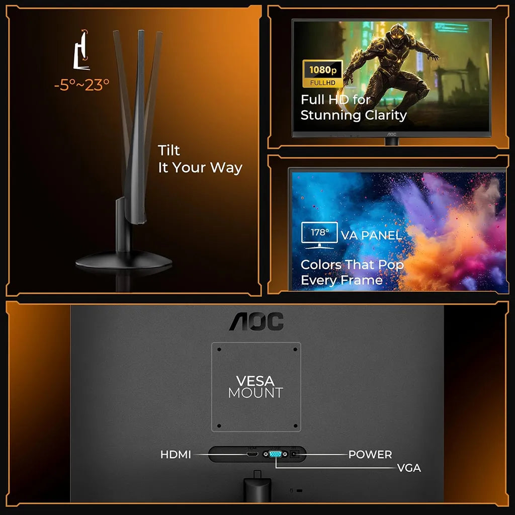 AOC 24B30HM monitor showing VESA mount with HDMI and VGA connectivity and adjustable tilt design -tpstech.in