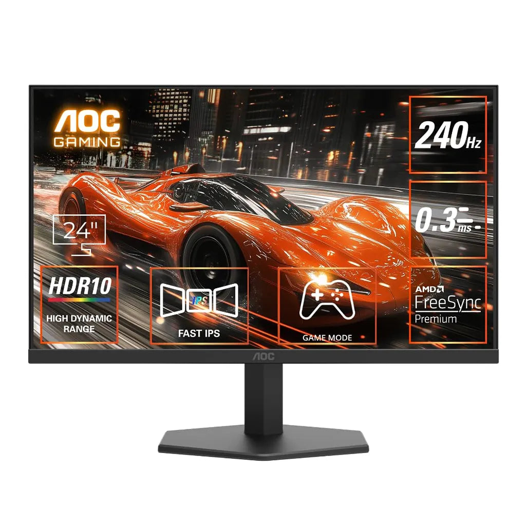 AOC 24G11ZE gaming monitor highlighting 240Hz refresh rate, 0.3ms response time, HDR10, Fast IPS and AMD FreeSync Premium -tpstech.in