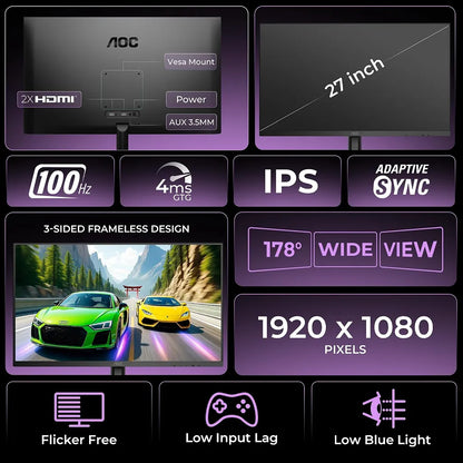 AOC 27B2H2 monitor showing dual HDMI ports VESA mount Adaptive Sync 100Hz and 1920x1080 resolution -tpstech.in