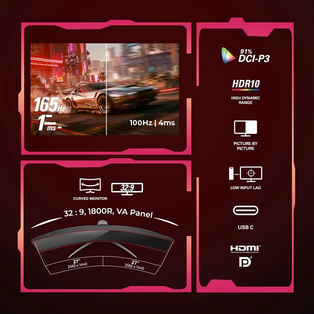 AOC AG493UCX2 49-inch curved DQHD gaming monitor featuring 165Hz refresh rate, 1ms response time, 32:9 VA panel, HDR10, USB-C and FreeSync Premium -tpstech.in`