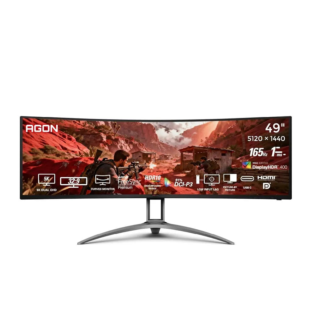 Front view of AOC AG493UCX2 49-inch curved DQHD gaming monitor with 5120 x 1440 resolution, 165Hz refresh rate, FreeSync Premium and DisplayHDR 400 -tpstech.in`