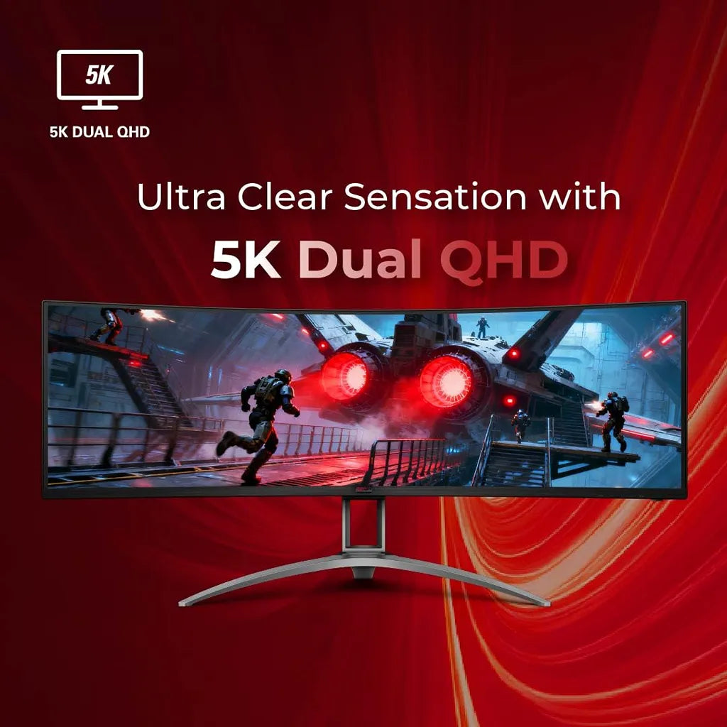 AOC AG493UCX2 49-inch curved monitor displaying 5K Dual QHD 5120 x 1440 resolution with 32:9 aspect ratio and 1800R VA panel -tpstech.in`
