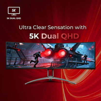 AOC AG493UCX2 49-inch curved monitor displaying 5K Dual QHD 5120 x 1440 resolution with 32:9 aspect ratio and 1800R VA panel -tpstech.in`