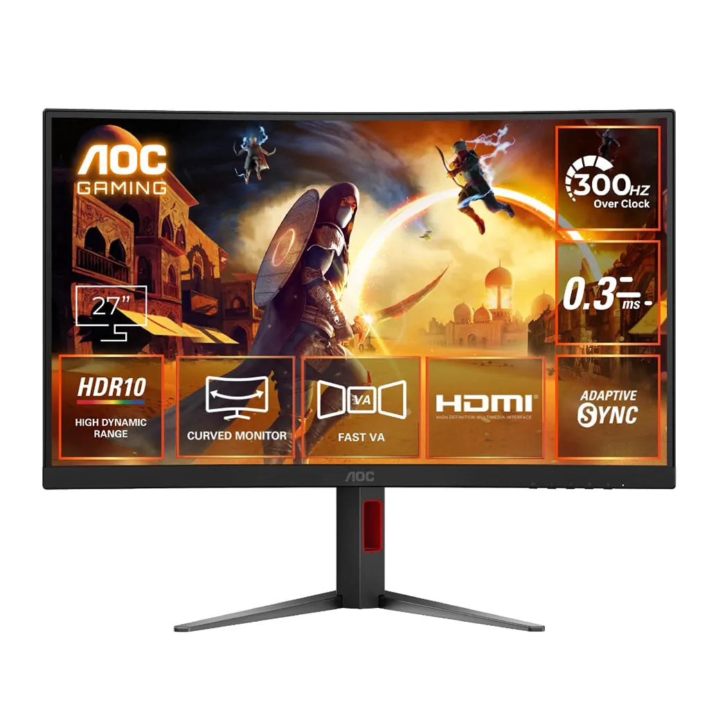 AOC C27G4Z 27 Inch FHD Curved Gaming Monitor Front View displaying 280Hz refresh rate and HDR10 features -tpstech.in