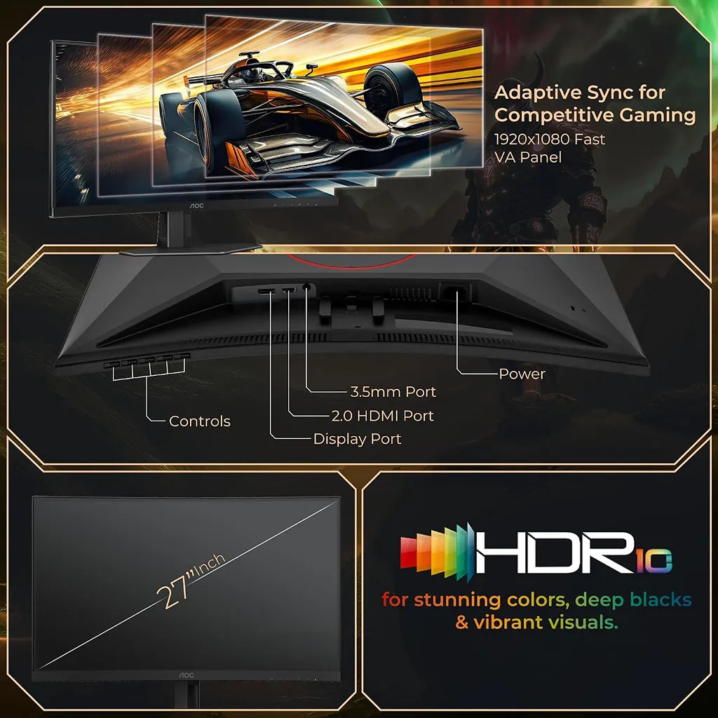 AOC C27G4Z 27 Inch FHD Curved Gaming Monitor back panel displaying HDMI DisplayPort and Adaptive Sync details -tpstech.in