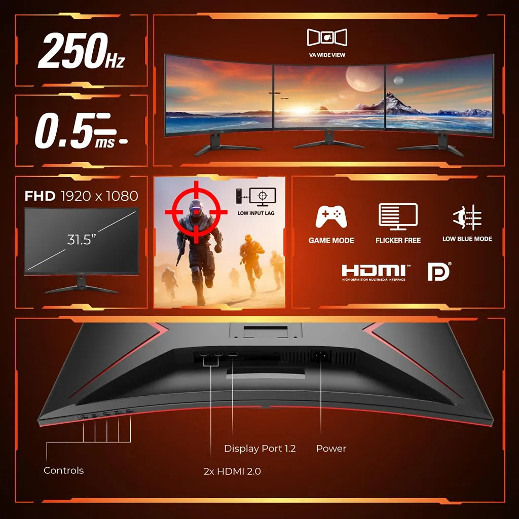 AOC C32G2ZE2 250Hz 0.5ms FHD gaming monitor with 2x HDMI 2.0 and DisplayPort 1.2 -tpstech.in
