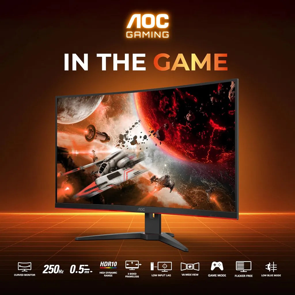 AOC C32G2ZE2 250Hz 0.5ms HDR10 curved gaming monitor with low input lag and 3-sided frameless design -tpstech.in