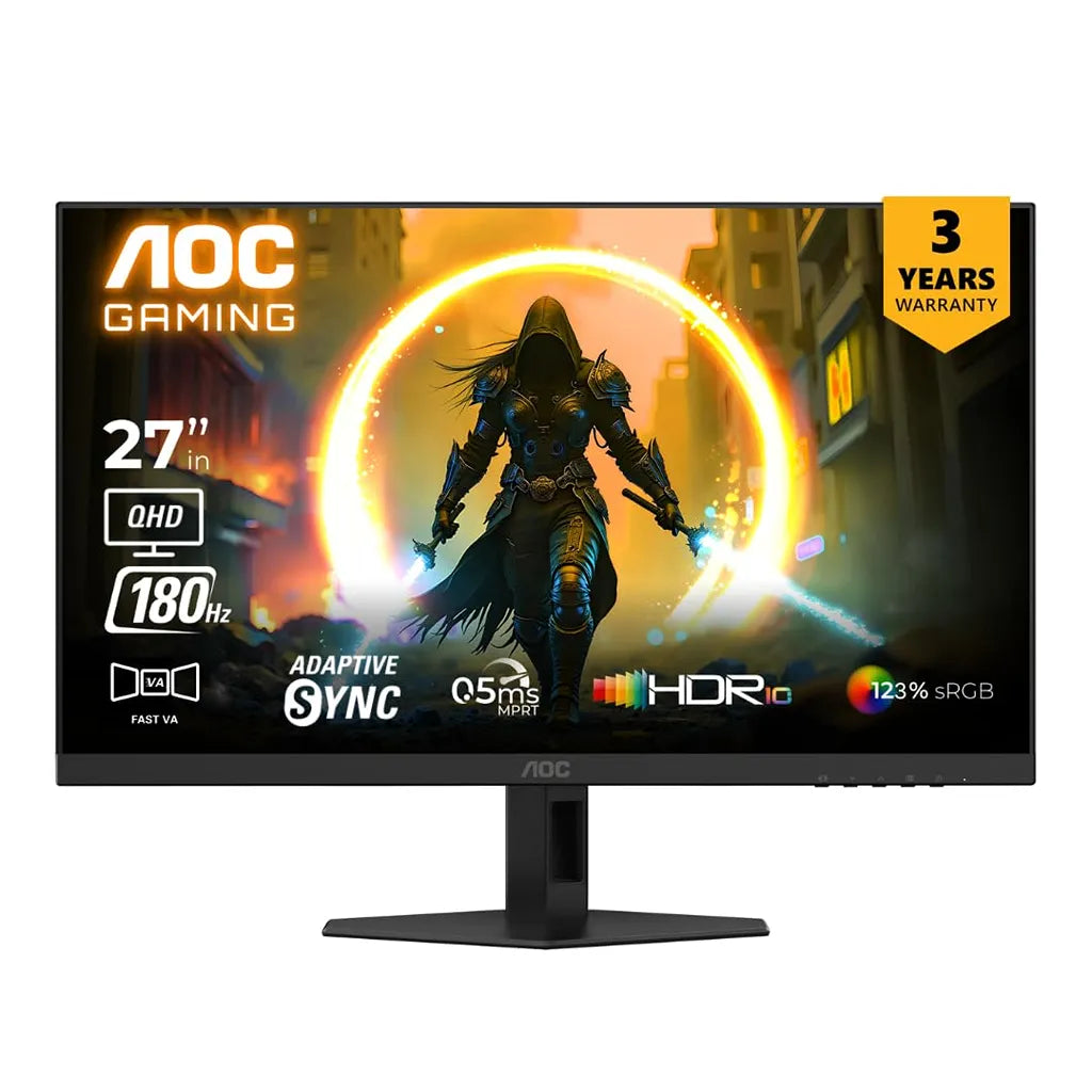 AOC CQ27G4 27-inch QHD Curved Gaming Monitor highlighting ultra-fast 180Hz refresh rate, Adaptive Sync, and 0.5ms response time for gaming -tpstech.in