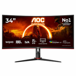 AOC CU34G2XP 34-inch curved gaming monitor highlighting WQHD resolution, 180Hz refresh rate, 1ms GtG response time, DisplayHDR 400 and AMD FreeSync.