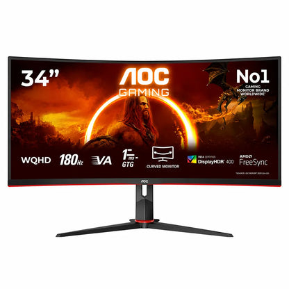 AOC CU34G2XP 34-inch curved gaming monitor highlighting WQHD resolution, 180Hz refresh rate, 1ms GtG response time, DisplayHDR 400 and AMD FreeSync.
