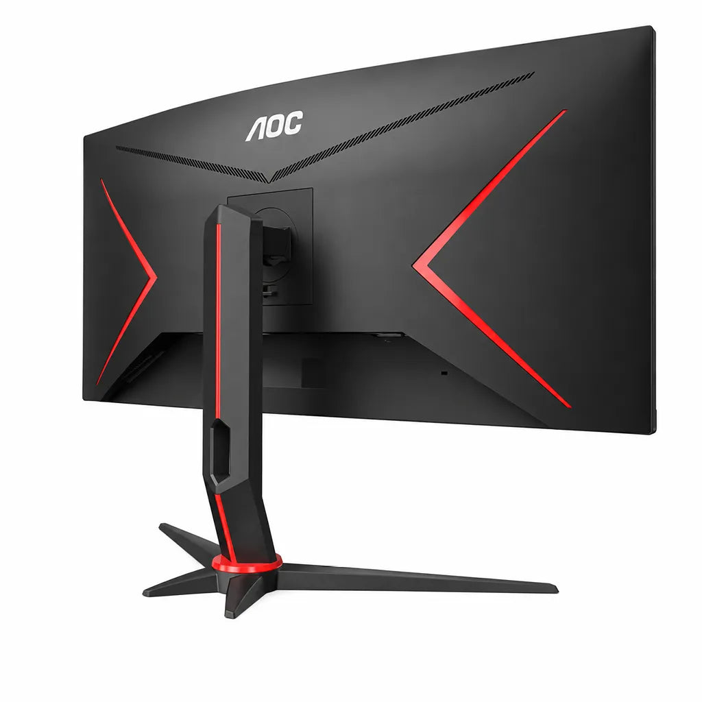 Rear angled view of AOC CU34G2XP ultrawide curved gaming monitor with ergonomic height-adjustable stand and VESA mount support.