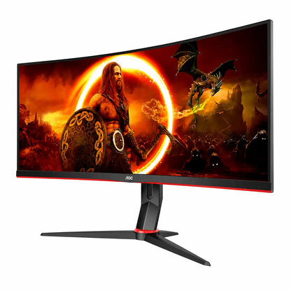 Front left angled view of AOC CU34G2XP 34-inch curved WQHD gaming monitor with slim bezels and ergonomic stand.